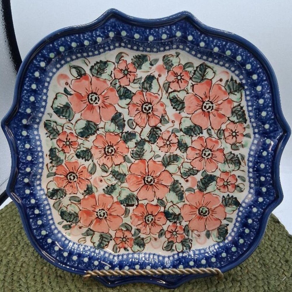 Handmade Polish Pottery Floral Square Plate 10" Scalloped Edge Blue & Coral Flow